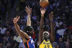 Indiana's Pascal Siakam (r) had 25 points and seven rebounds in the win over the New York Knicks. (AP PHOTO)